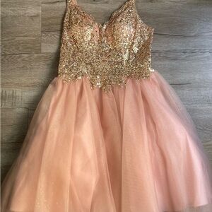 Gold and Pink Embellished Short Dress with Spaghetti Straps